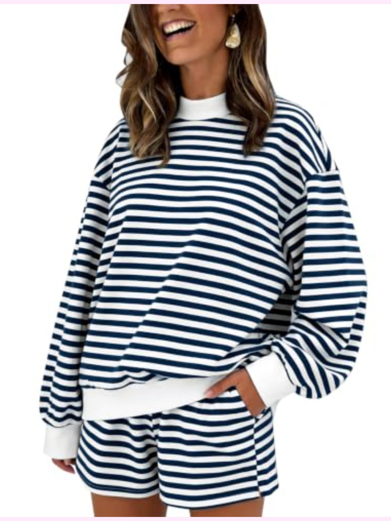 100% Cotton Striped Mock Neck Oversized Sweatshirt And Shorts 2 Piece Lounge Set
